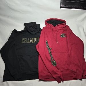 CHAMPION Lot of 2 Powerblend Mens XL Hoodie Script Logo Camo Black Red